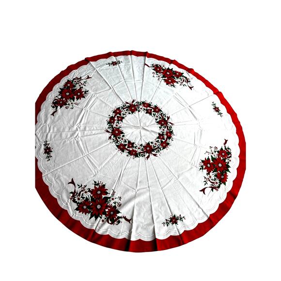 Vintage Christmas Holiday Tablecloth round white red poinsettias cotton poly 80s - Picture 2 of 9